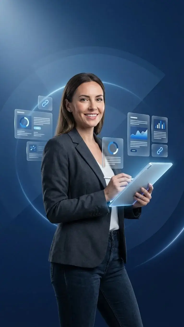 Smiling professional managing link extraction and text formatting through a digital tablet with floating data visualizations.