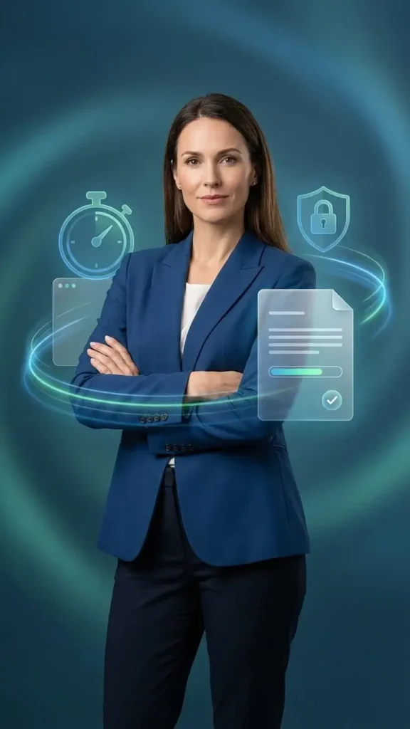 Businesswoman in a blue blazer with arms crossed, surrounded by digital icons for a timer, security lock, and a clean text document.